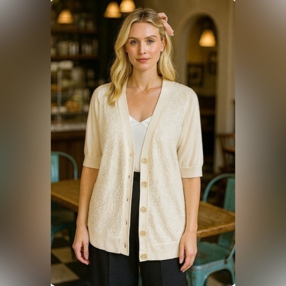 🆕Talbots sequin cardigan w/5 pearl colored buttons & 3/4 sleeves, V  neckline